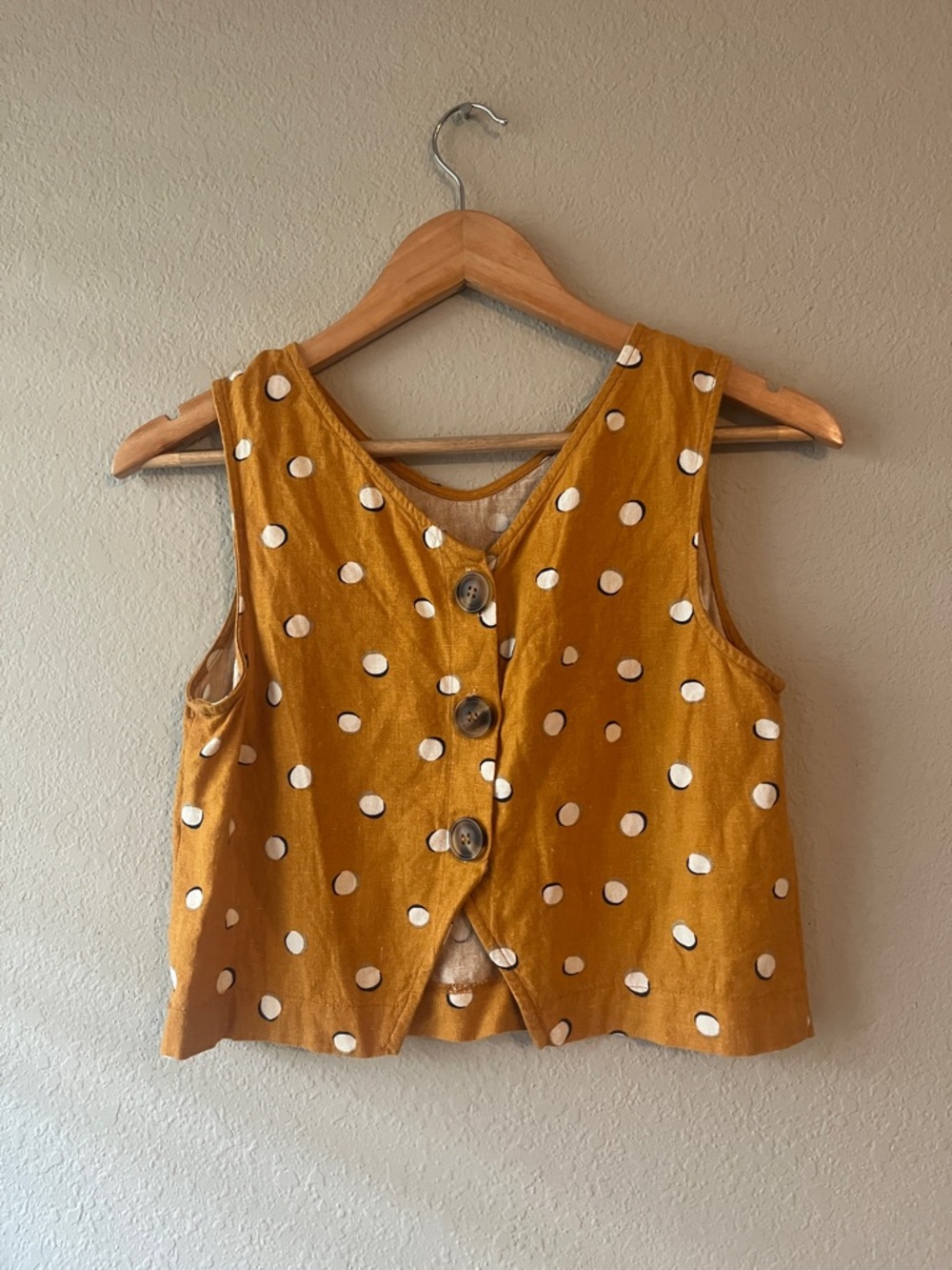 Polka Dot Button-Front Linen Blend Tank Top - Mustard